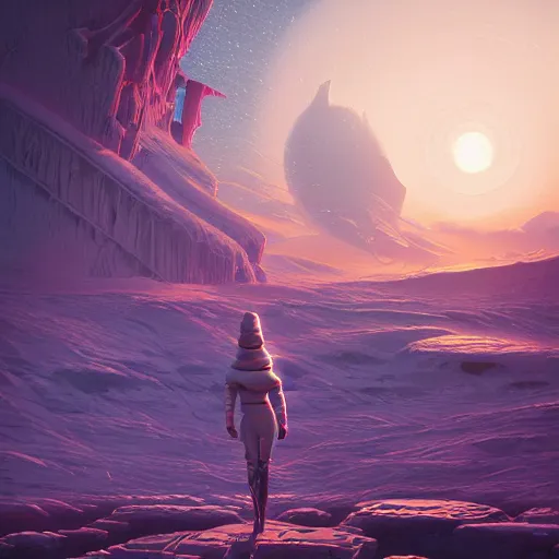 Image similar to a fantastic hyperdetailed 3 d matte painting of a female - cybernetic sorceress under the arctic moonlight, by moebius by beeple by vanessa lemen by paul lehr by dan mumford