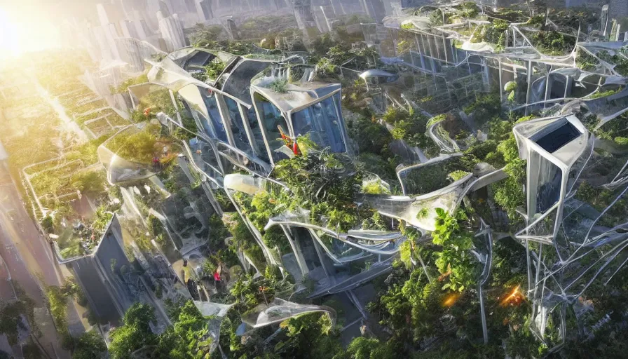 prompthunt: Sunrise over solarpunk city, many trees and plants, archdaily,  straight lines, many flying cars, busy streets filled with pedestrians, sun  rays, vines, vertical gardens, utopia, beautiful glass and steel  architecture, extreme