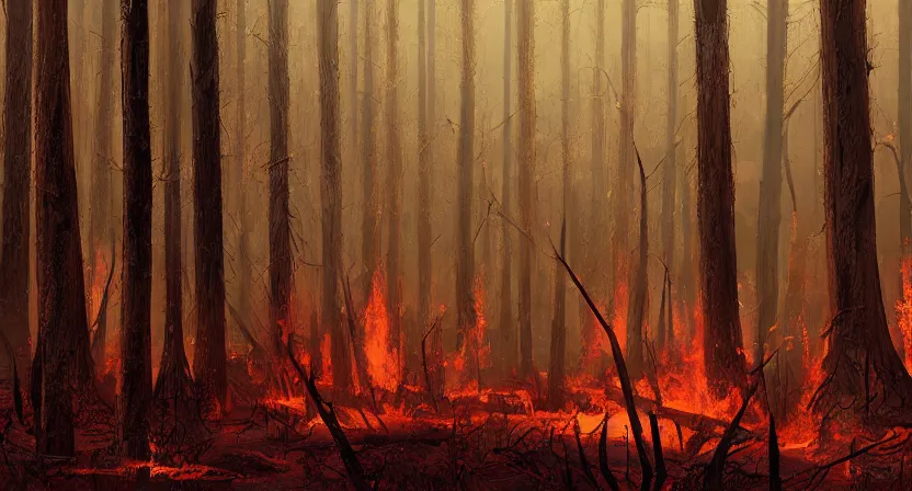 Image similar to a barren lifeless forest with burned trees concept art by Doug Chiang cinematic, realistic painting, high definition, very detailed, extremely high detail, photo realistic, concept art, red color palette, the Mandalorian concept art style