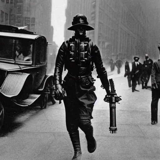 Image similar to old black and white photo, 1 9 1 3, depicting dieselpunk combat cyborg walking through the bustling streets of new york city, historical record