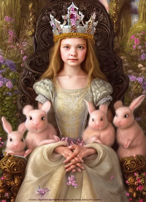 Image similar to highly detailed closeup portrait of a fairytale medieval princess wearing a crown and sitting on a throne, surrounded by cute bunnies, unreal engine, nicoletta ceccoli, mark ryden, earl norem, lostfish, global illumination, god rays, detailed and intricate environment