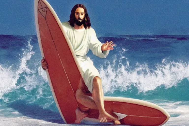 Image similar to jesus surfing the vibe wave