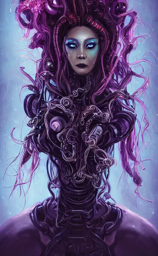 Prompt: An epic fantasy comic book style portrait painting of a very beautiful nebulapunk Medusa with symmetrical facial features and lots of cyberpunk and cybernetic bio-luminiscent snakes as hair, awesome pose, centered, full body, vibrant dark mood, unreal 5, hyperrealistic, octane render, cosplay, RPG portrait, Sci-fi, arthouse, dynamic lighting, intricate detail, cinematic, HDR digital painting, 8k resolution, enchanting, otherworldly, sense of awe, award winning picture, Hyperdetailed, blurred background, airbrush, backlight, 3d rim light, Gsociety, trending on ArtstationHQ, maximalist, dreamscape, Rococo, surreal dark art.