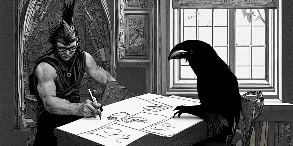 Image similar to a scholarly raven is seen writing at his desk. character sheet, character design, contrast, deep focus, turnaround, highly detailed, dramatic lighting, digital painting, artstation, concept art, matte, sharp focus, illustration, elegant, art by artgerm and greg f and alphonse mucha. photo like 1 9 9 4 public access music video.