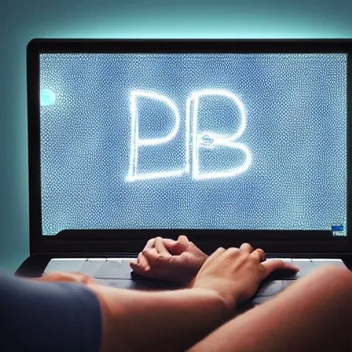 Prompt: male teenager looking at a laptop with bright screen with digital letters floating out, inside a dark room, digital art