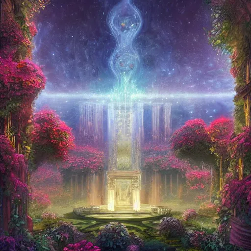 Prompt: beautiful highly detailed digital illustration of a celestial palatial garden with pillars of light towering above. by Andreas Rocha, colorful nebula in the night sky, stars, flowers and vines and creepers, establishing shot, cinematic, architecture, artstation HQ, HD, 8k resolution, featured in art magazine
