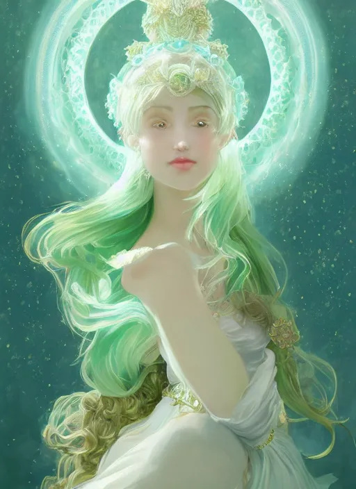 Image similar to Portrait of magical girl, dreamy and ethereal, mint green eyes, peaceful expression, ornate frilly dress, fantasy, intricate, elegant, beautiful, digital art, dynamic lighting, golden ratio, highly detailed, digital painting, trending on artstation, concept art, smooth, sharp focus, illustration, photo realistic, art by artgerm and greg rutkowski and alphonse mucha, 4K