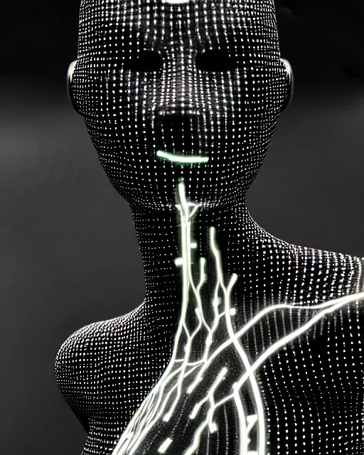 Image similar to black and white cyborg-plant goddess high quality photo, microchip, artificial intelligence, bio-mechanical bio-luminescence, black wired cables, neurons, nerve cells, octane render, cinematic, rim light, hyper realism, photo-realistic, high detail, 8k, masterpiece, high fashion, in the style of Steven Meisel and Dora Maar and H.G. Giger