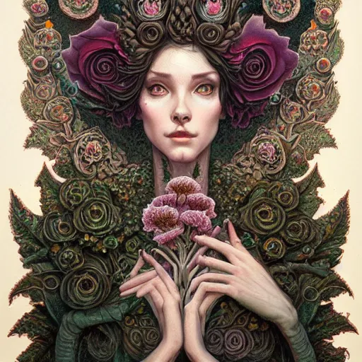 Image similar to a beautiful detailed front view portrait of a woman with ornate growing around, ornamentation, flowers, elegant, beautifully soft lit, by wayne barlowe, peter mohrbacher, kelly mckernan,