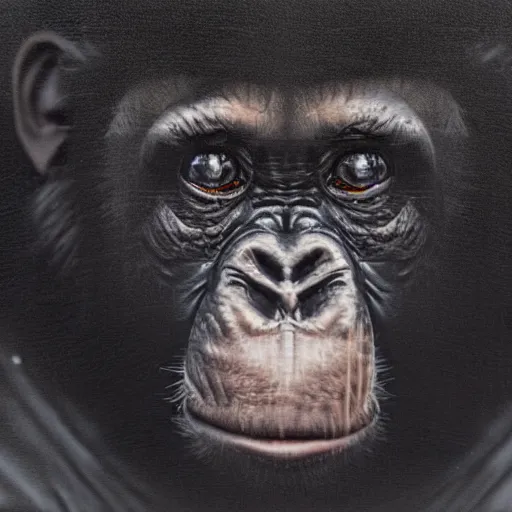 Image similar to portrait of a straight forward looking Chimpanzee in black spacesuit, dark, moody, foggy, by Sean Yoro, Chie Youshee, Raymond Swanland