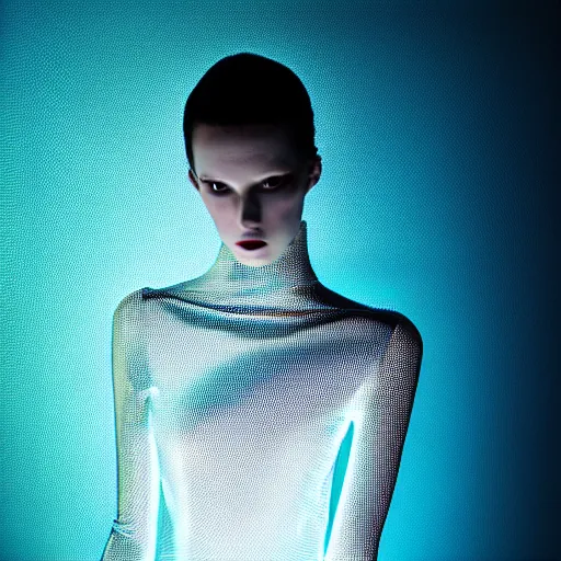 Image similar to high fashion photography of a model in neo futurism white sci - fi transparent cloth, beautifully lit