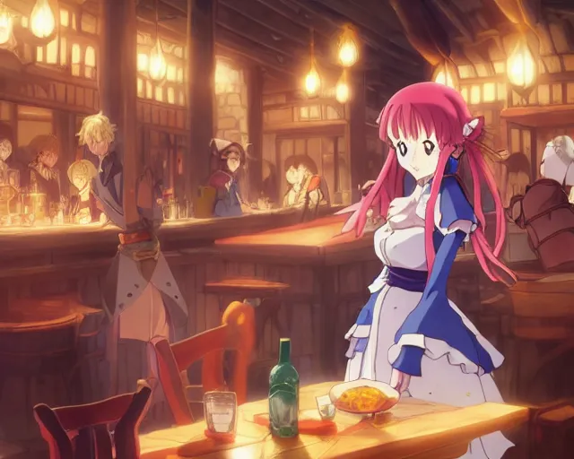 Prompt: anime visual, portrait of a young female traveler in a busy fantasy medieval tavern interior, cute face by yoh yoshinari, seven deadly sins anime, studio lighting, dynamic pose, dynamic perspective, strong silhouette, anime cels, cel shaded, slayers, in focus, rounded eyes