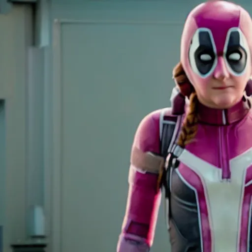 Image similar to A still of Shailene Woodley as Gwenpool in Deadpool 3 (2023), blonde hair with pink highlights, no mask