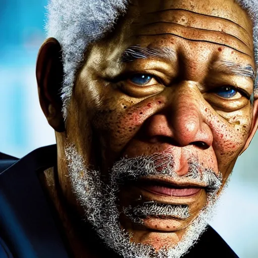 Image similar to a videogame still of Morgan Freeman in Tekken 7, portrait, 40mm lens, shallow depth of field, close up, split lighting, cinematic