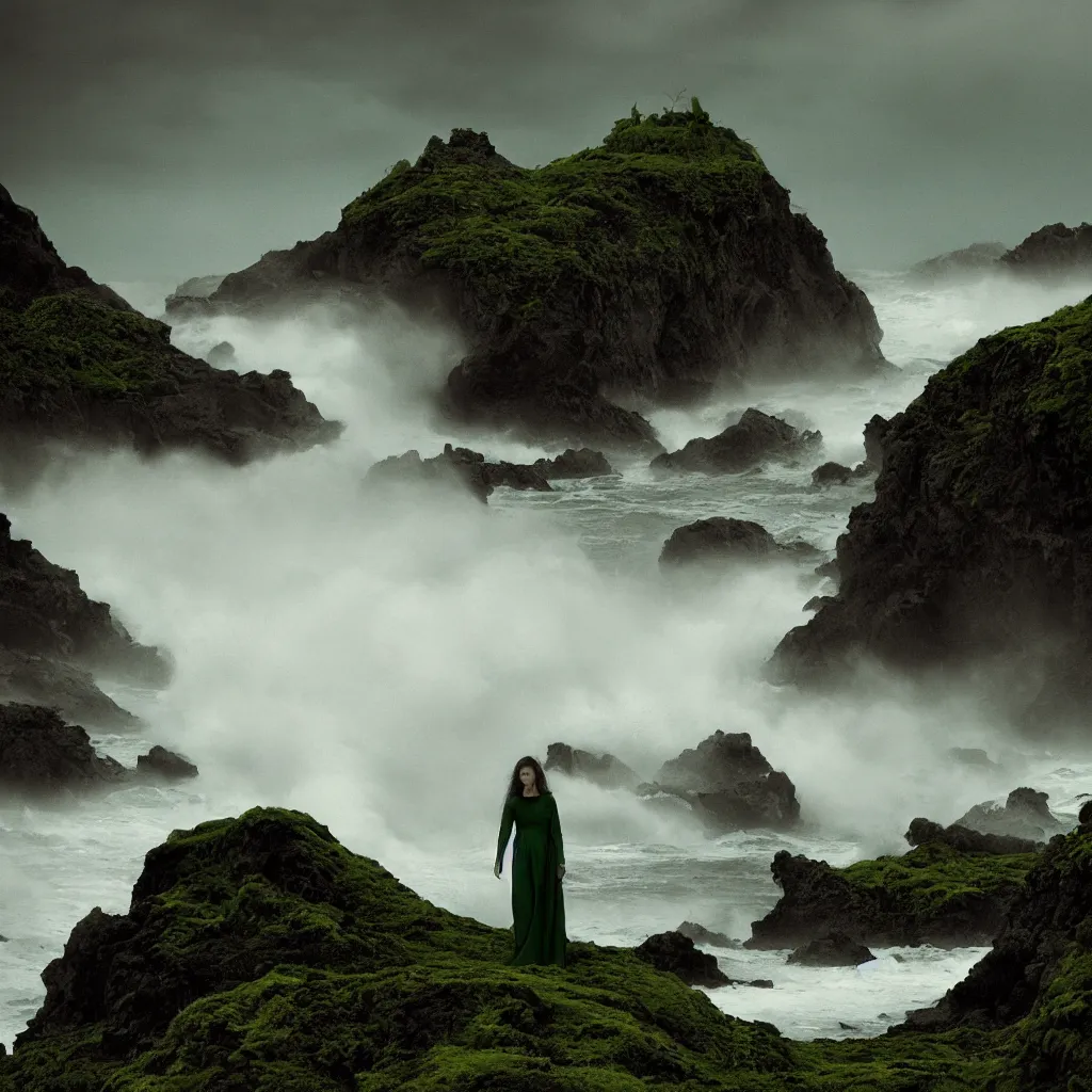 Image similar to dark and moody 1 9 7 0's artistic spaghetti western film in color, a woman in a giant billowing wide long flowing waving green dress, standing inside a green mossy irish rocky scenic landscape, crashing waves and sea foam, volumetric lighting, backlit, moody, atmospheric, fog, extremely windy, soft focus