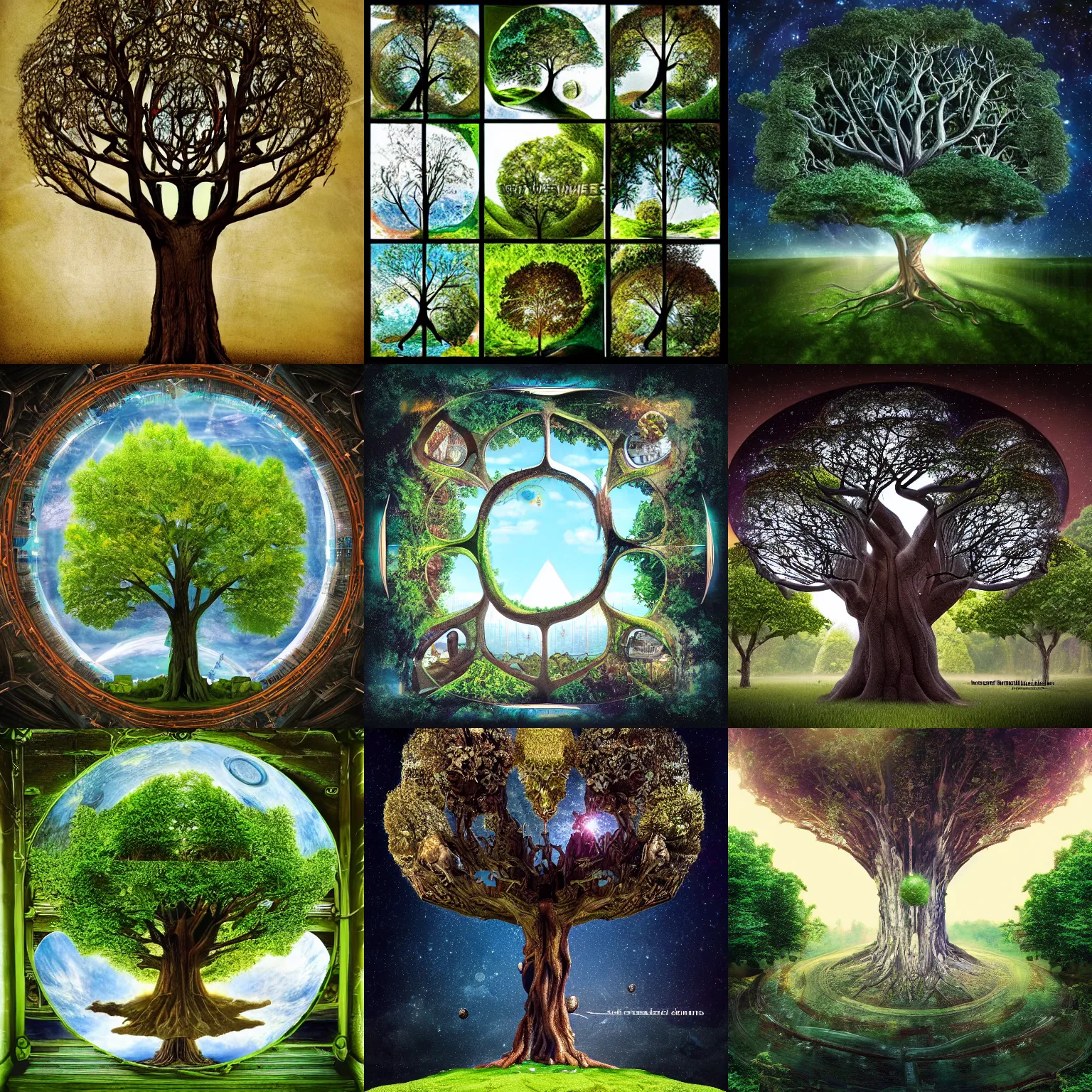 Prompt: the world tree with windows to other universes