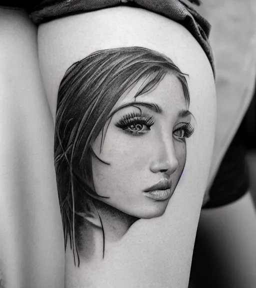 Image similar to a beautiful girl portrait, faded mountain background, realism tattoo, in the style of den yakovlev, black and white, hyper realistic, highly detailed