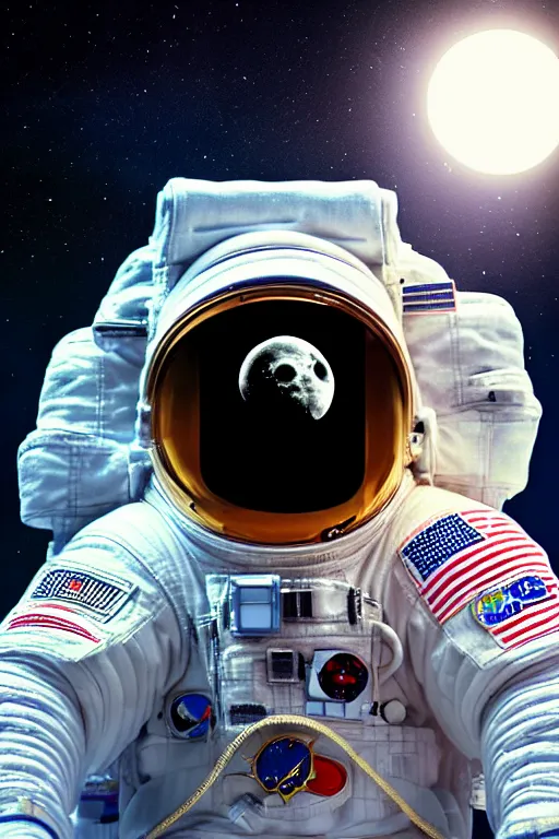 Prompt: extremely detailed portrait of space astronaut, wearing gloves, holds iphone, iphone visible, iphone in hand, reflection of the moon in visor, alien looking over shoulder from behind, extreme close shot, dramatic backlight, award winning photo by jimmy nelson