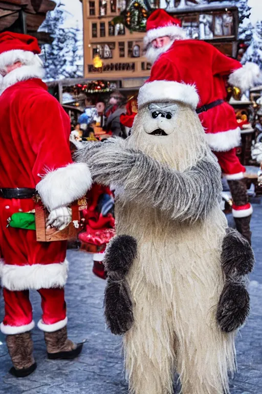 Image similar to a very cute, cream colored and very furry yeti wearing lederhosen singing carols in a German Christmas market, very detailed