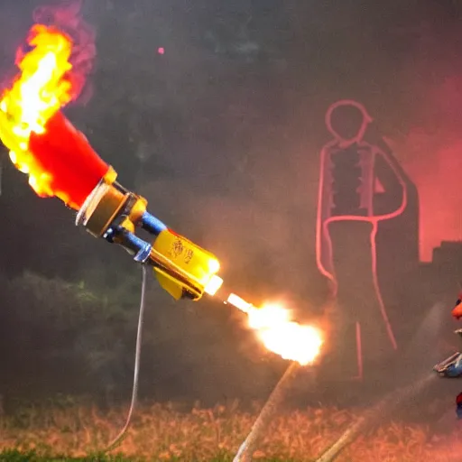 Image similar to photo of a clown using a flamethrower projecting a long bright flame towards a dumpster fire