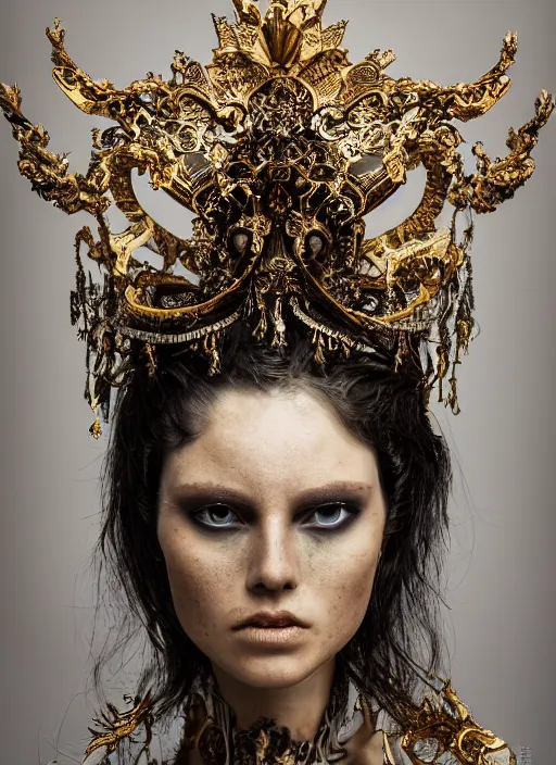 Prompt: a portrait of female model by stefan geselle and nekro borja, photorealistic, intricate details, hyper realistic, fantasy, elegant, ornate metal gold headpiece, photorealistic, canon r 3, photography, wide shot, symmetrical features, wide angle shot, perfect body standing pose, feet on the ground, studio background
