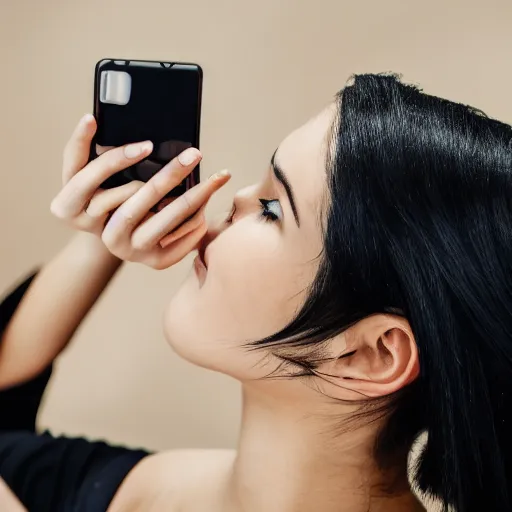 Prompt: girl with black hair taking a selfie of a bump on her face, close up