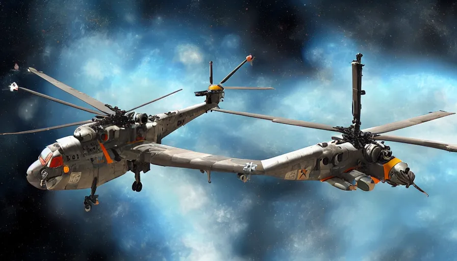 Image similar to Mi-24 hind in space, digital art