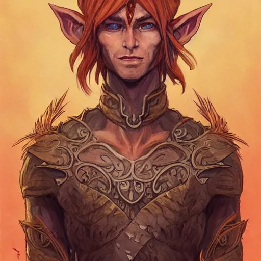 Image similar to portrait painting of an elven eladrin young man with very short light orange hair and tribal tattoos in his cheekbones wearing fur armor, d & d, rpg, sharp focus, award - winning, trending on artstation, masterpiece, highly detailed, intricate. art by josan gonzales and moebius and deathburger