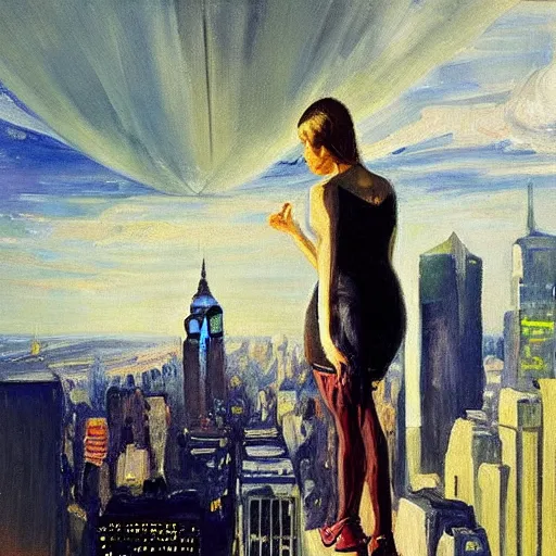 Image similar to “ a girl looking down at a futuristic new york city below, punk, detailed face, oil painting, by george bellows ”