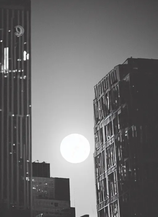 Image similar to the moon hangs low in the sky over downtown los angeles, dusk, photography, cinematic, tarantino, 7 0 mm film