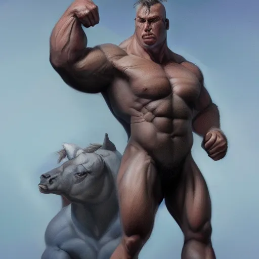 Prompt: a super muscly Belgian Blue, very detailed, ultrarealistic, dramatic lighting, electrical details, high details, 4k, 8k, best, accurate, trending on artstation, fur, artstation, photorealism, ultrarealistic, digital painting, style of frank frazetta