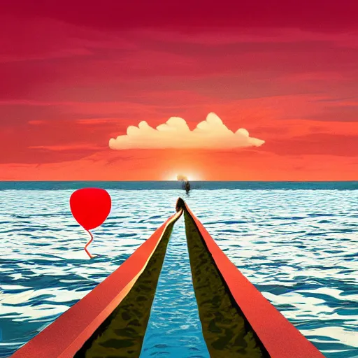 Image similar to album art of a hand holding a balloon coming out the water with a red sky by chris bilheimer, moody, digital art