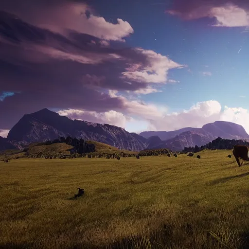 Prompt: beautiful rolling pastureland with a stream running through , with black Angus cattle in the far distance below epic mountains and sky, volumetric light, cinematic, extreme detail, epic, Unreal 5, Artstation trending, hyper-maximalist, CG society, 8K