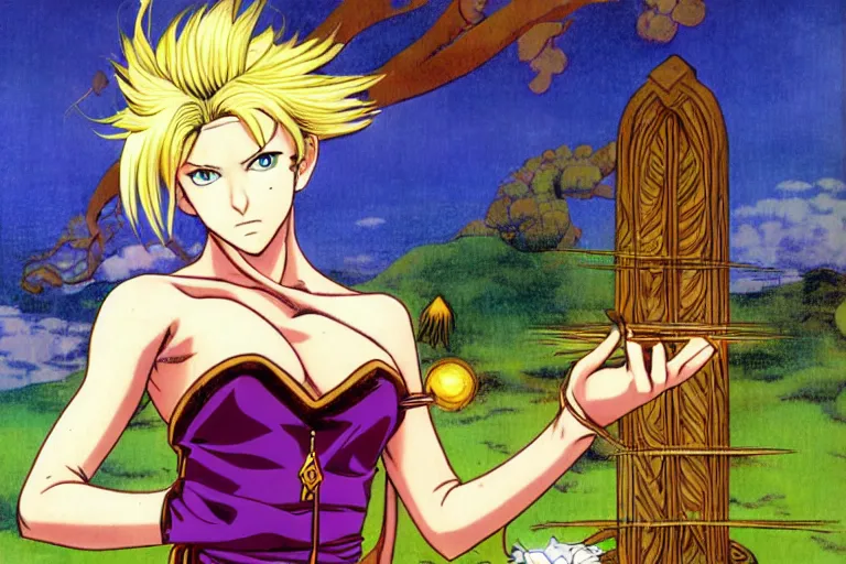 Image similar to a fantasy blond hair female priest casting a healing spell by hirohiko araki, character design, anime, color manipulation of paul gauguin, western pop culture, fashion,