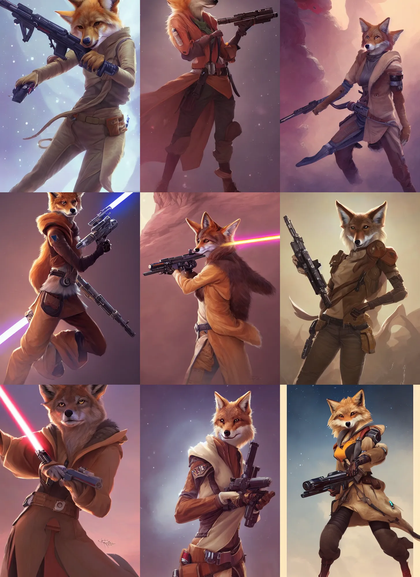 Prompt: beautiful portrait of a female anthropomorphic coyote fursona wearing jedi robes aiming a blaster rifle. detailed hands. character design by charlie bowater, ross tran, artgerm, and makoto shinkai, detailed, soft lighting, rendered in octane