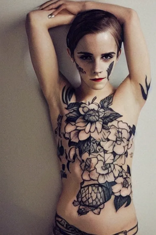 Image similar to emma watson, dope tattoo, hyperrealistic