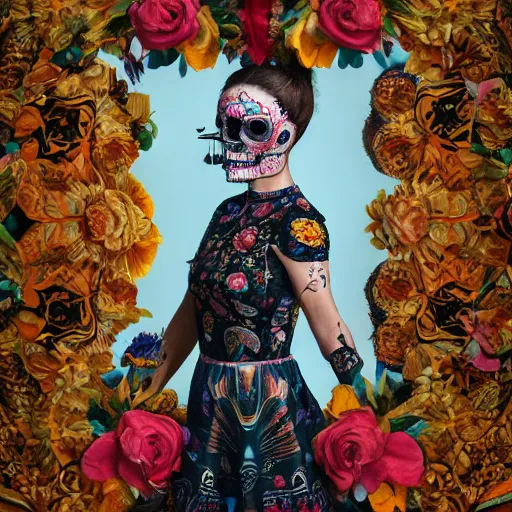 Image similar to lady, mid - waist self - portrait, perfect symmetry, intricate, dia de los muertos, skulls and flowers mask, aztec ultra detailed feathered dress 4 k resolution, octane rendering, ultra realistic, photo realism, beeple, 2 0 mm