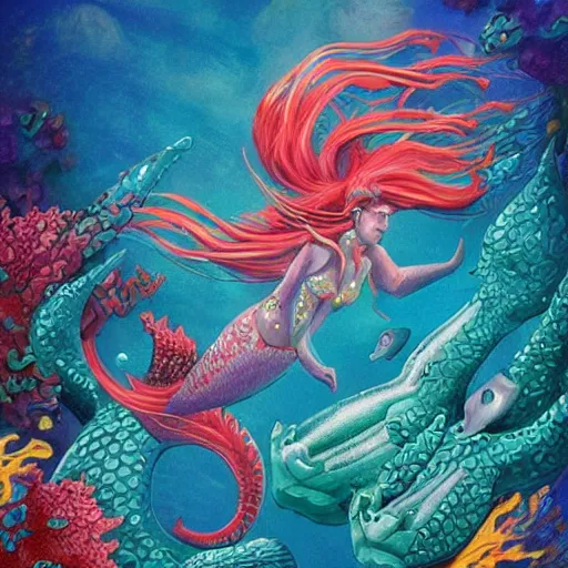 Prompt: merfolk riding seahorses, trending on artstation, colorful, intricate, art by senjon 津