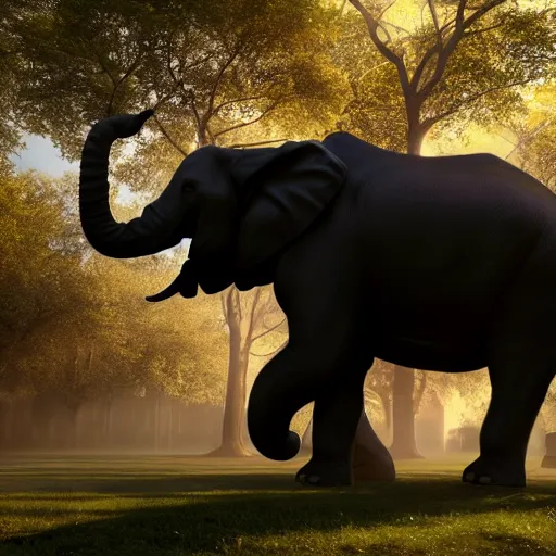 Image similar to a hyperrealistic photograph 3D octane render of a large cat riding on an elephant in central park new york, trending on artstation, 4K, dramatic lighting, glowing, volumetric lighting, ray tracing, unreal engine