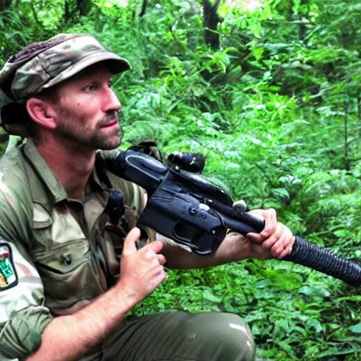Prompt: Green Beret in the jungle at a campfire