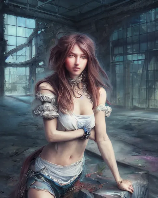 Image similar to daniel gerhartz and artgerm detailed portrait digital rococo painting of a beautiful woman wearing streetwear clothing, instagram style, abandoned warehouse interior in the background, unreal engine, hyper realism, realistic shading, cinematic composition, blender render, octane render, hdr, detailed textures, photorealistic, ultrawide shot, 3 5 mm film