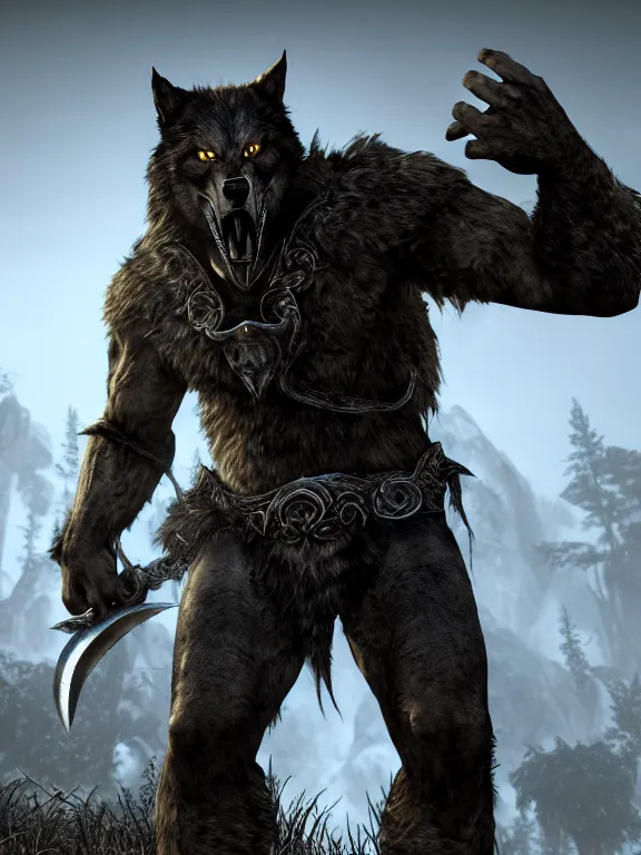 Prompt: cute handsome cuddly burly surly relaxed calm timid werewolf from van helsing holding a sword unreal engine hyperreallistic render 8k character concept art masterpiece screenshot from the video game the Elder Scrolls V: Skyrim