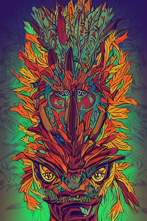 Image similar to animal mask totem roots flower tribal feather gemstone plant wood rock shaman vodoo video game vector cutout illustration vivid multicolor borderlands comics by josan gonzales and dan mumford radiating a glowing aura