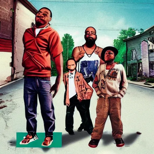 Prompt: Hip-hop album cover for the band Grove Street Families, featuring a vintage photo portrait of CJ from GTA4