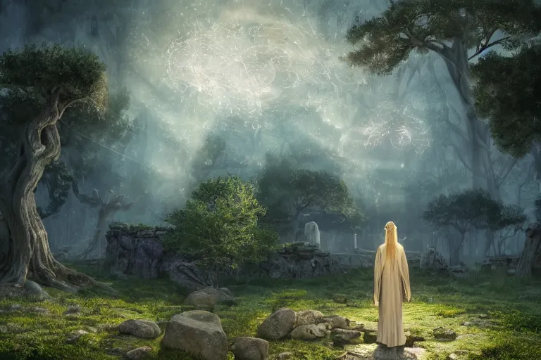 Prompt: scene with a beautiful realistic blond priestess, 30 years old woman, praying, standing in front of an altar in an antic sanctuary, horizon at dawn, some clouds, runic stones and columns in the background, some oak fantasy trees, cinematic light, digital painting by Magali Villeneuve and wlop, atmospheric effects, fireflies, 4K, octane render, artstation, deviantart