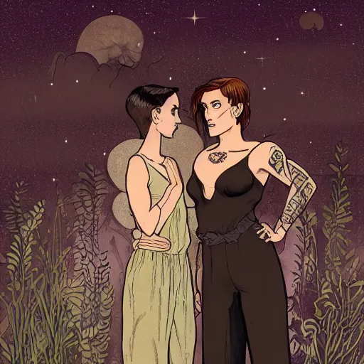 Image similar to modest short - haired tattooed heroic stoic handsome muscular blonde butch tomboy woman engineer in jumpsuit standing beside dark fae feathered modest gothic jennifer connelly in long dress, standing together in a beautiful lush garden at night, in love, highly detailed, trending on art station, illustration, oil painting, mignola, mucha, comic book