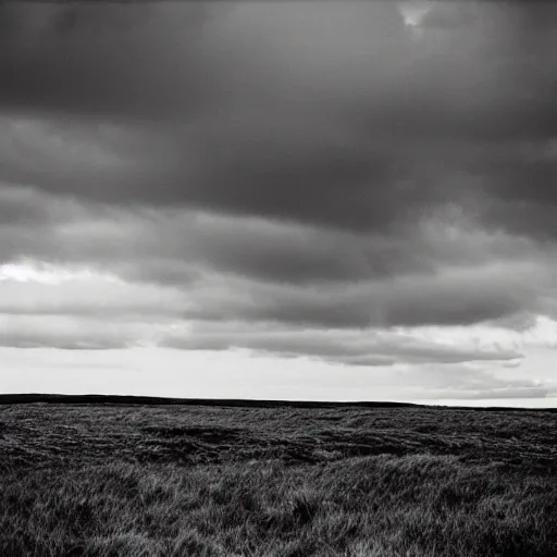 Prompt: a dark moody photo taken with Holga of the empty moor, scottish, scotland, heath, greyscale, ancient, stormy