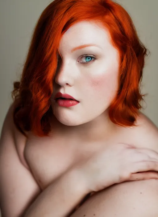 Prompt: Professional photography of a beautiful plus-size redhead model, portrait