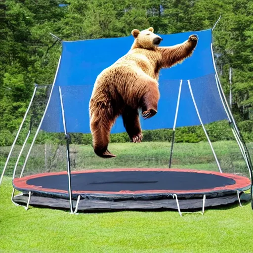 Image similar to a Giant Grizzly bear jumping on a trampoline