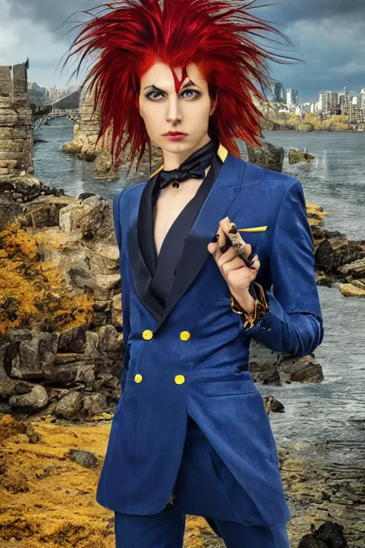 Prompt: portrait of a beautiful androgynous actress with long messy spiked red hair, golden eyes, dark skin, and tufted elf ears and dressed in a blue men's suit with a yellow tie, standing on a stone bridge with a fantasy metropolis of tall stone towers in the background